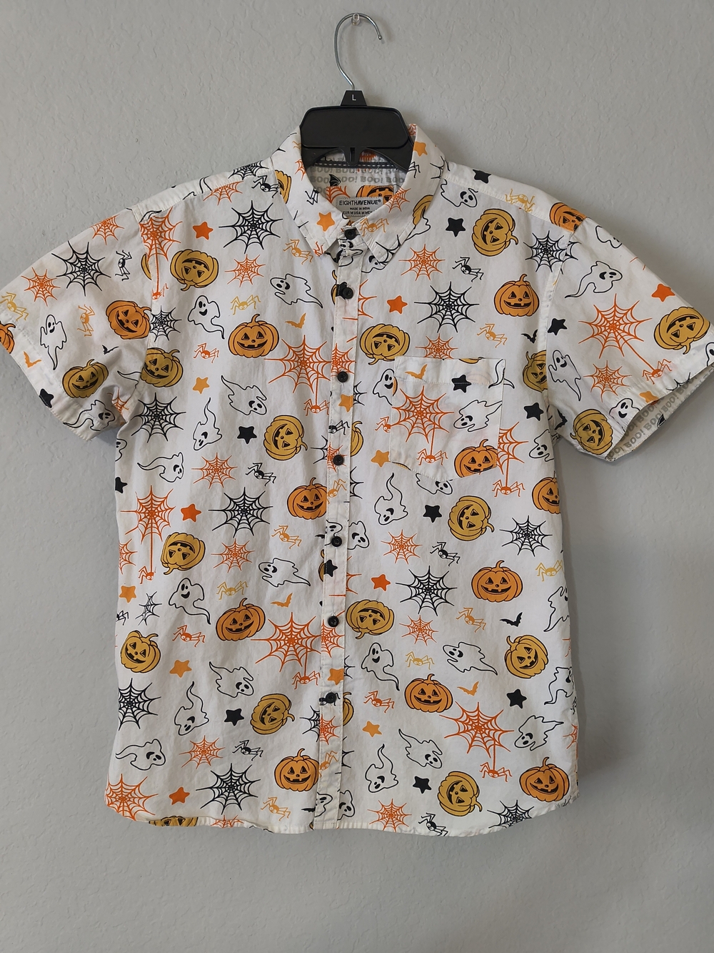 Halloween Print Button-Down Shirt — White Orange Black